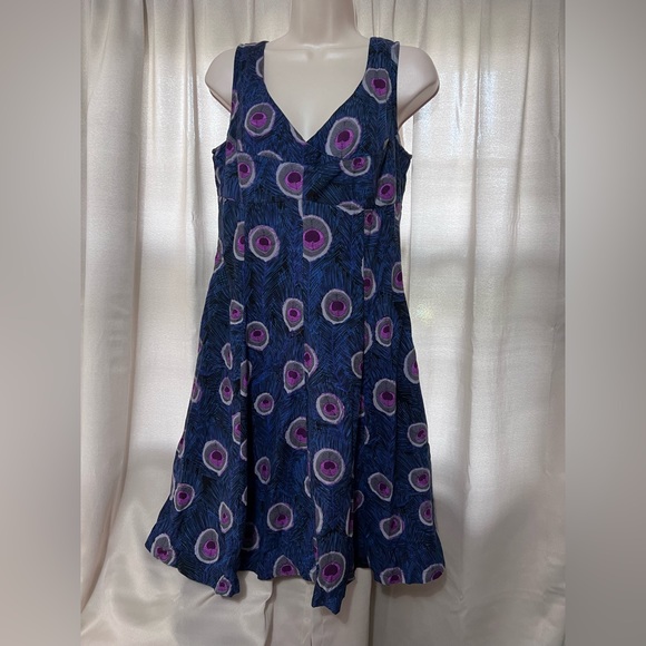 Women's Apsara Blue and Purple Peacock Feather Design Summer Mini Dress - Picture 1 of 9